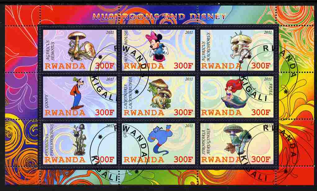 Rwanda 2011 Mushrooms & Disney Characters #2 perf sheetlet containing 9 values fine cto used, stamps on fungi, stamps on disney, stamps on cartoons, stamps on films, stamps on cinema, stamps on movies
