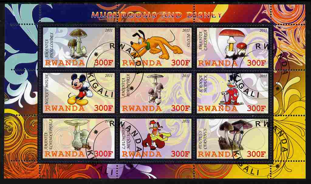 Rwanda 2011 Mushrooms & Disney Characters #3 perf sheetlet containing 9 values fine cto used, stamps on fungi, stamps on disney, stamps on cartoons, stamps on films, stamps on cinema, stamps on movies