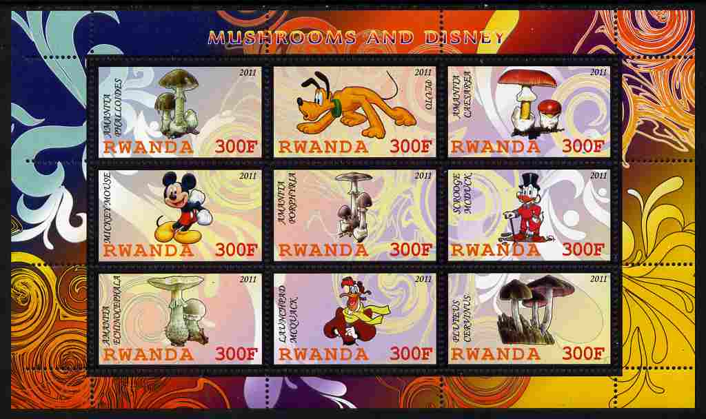 Rwanda 2011 Mushrooms & Disney Characters #3 perf sheetlet containing 9 values unmounted mint, stamps on fungi, stamps on disney, stamps on cartoons, stamps on films, stamps on cinema, stamps on movies