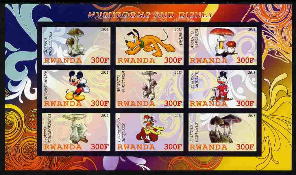 Rwanda 2011 Mushrooms & Disney Characters #3 imperf sheetlet containing 9 values unmounted mint, stamps on fungi, stamps on disney, stamps on cartoons, stamps on films, stamps on cinema, stamps on movies