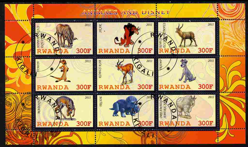 Rwanda 2011 Animals & Disney Characters #1 perf sheetlet containing 9 values fine cto used, stamps on , stamps on  stamps on animals, stamps on  stamps on disney, stamps on  stamps on cartoons, stamps on  stamps on films, stamps on  stamps on cinema, stamps on  stamps on movies, stamps on  stamps on dinosaurs