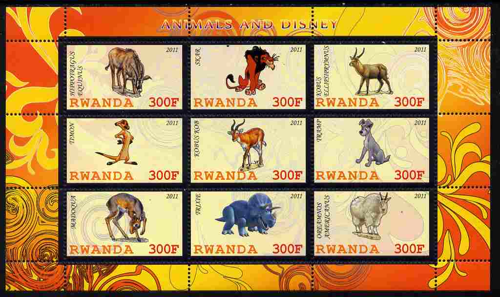 Rwanda 2011 Animals & Disney Characters #1 perf sheetlet containing 9 values unmounted mint, stamps on animals, stamps on disney, stamps on cartoons, stamps on films, stamps on cinema, stamps on movies, stamps on dinosaurs
