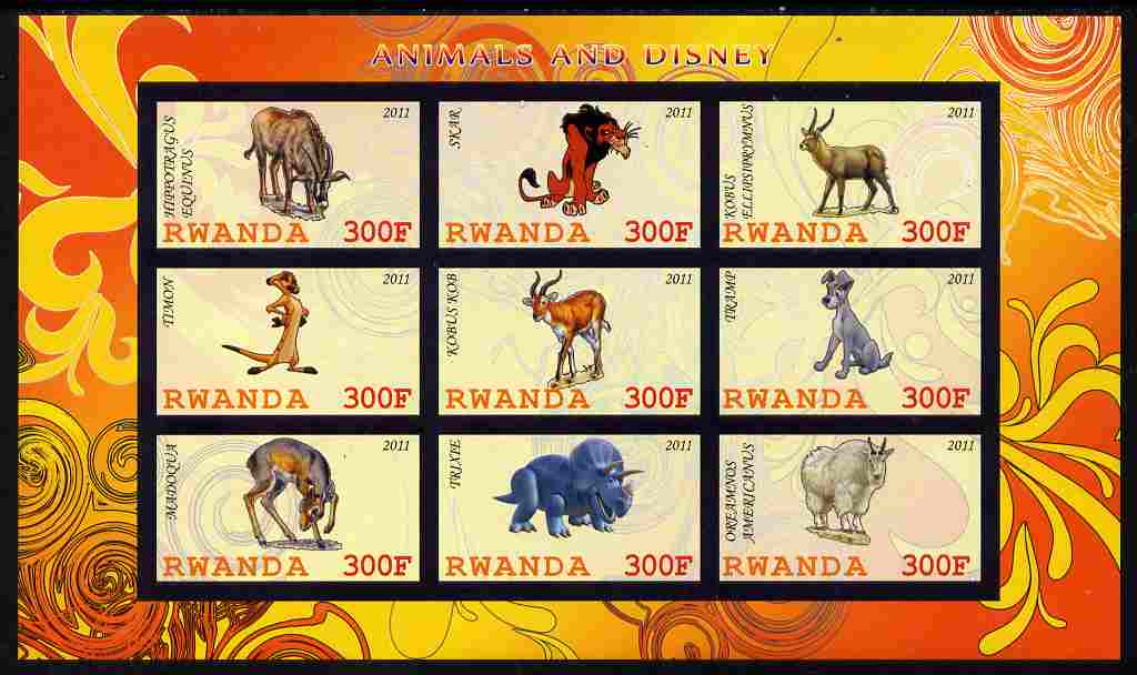 Rwanda 2011 Animals & Disney Characters #1 imperf sheetlet containing 9 values unmounted mint, stamps on animals, stamps on disney, stamps on cartoons, stamps on films, stamps on cinema, stamps on movies, stamps on dinosaurs