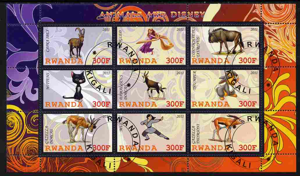 Rwanda 2011 Animals & Disney Characters #2 perf sheetlet containing 9 values fine cto used, stamps on animals, stamps on disney, stamps on cartoons, stamps on films, stamps on cinema, stamps on movies, stamps on ovine