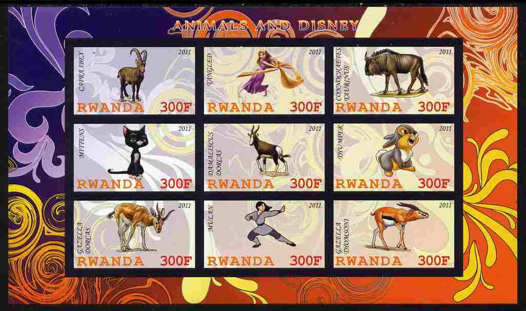 Rwanda 2011 Animals & Disney Characters #2 imperf sheetlet containing 9 values unmounted mint, stamps on animals, stamps on disney, stamps on cartoons, stamps on films, stamps on cinema, stamps on movies, stamps on ovine