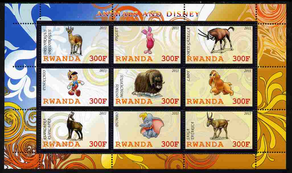 Rwanda 2011 Animals & Disney Characters #3 perf sheetlet containing 9 values unmounted mint, stamps on animals, stamps on disney, stamps on cartoons, stamps on films, stamps on cinema, stamps on movies, stamps on ovine
