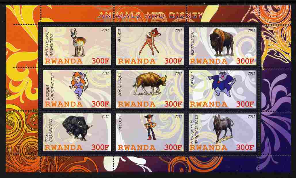 Rwanda 2011 Animals & Disney Characters #4 perf sheetlet containing 9 values unmounted mint, stamps on animals, stamps on disney, stamps on cartoons, stamps on films, stamps on cinema, stamps on movies, stamps on bovine