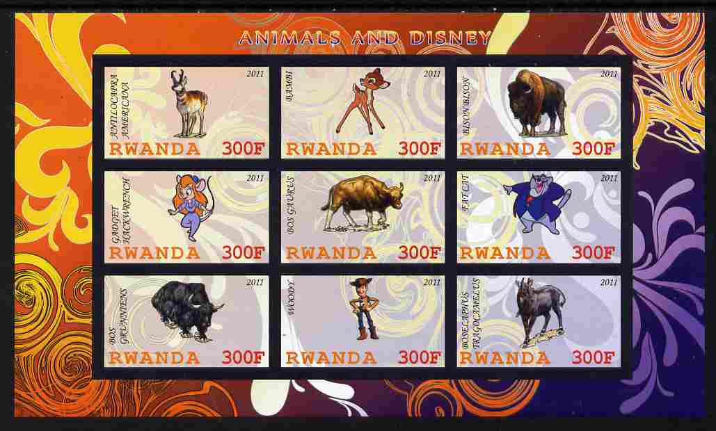 Rwanda 2011 Animals & Disney Characters #4 imperf sheetlet containing 9 values unmounted mint, stamps on animals, stamps on disney, stamps on cartoons, stamps on films, stamps on cinema, stamps on movies, stamps on bovine