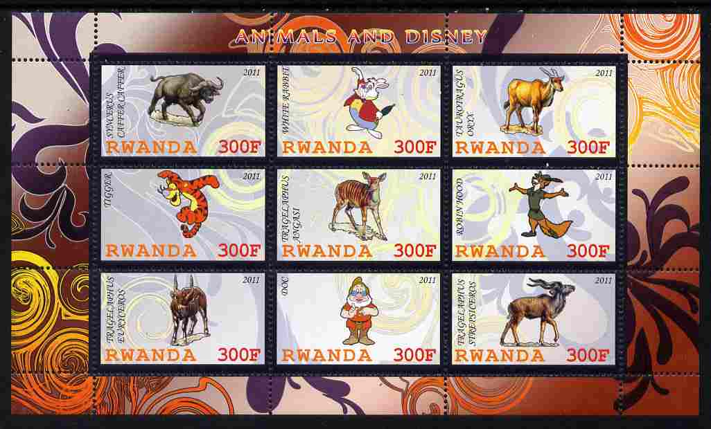 Rwanda 2011 Animals & Disney Characters #5 perf sheetlet containing 9 values unmounted mint, stamps on animals, stamps on disney, stamps on cartoons, stamps on films, stamps on cinema, stamps on movies, stamps on bovine