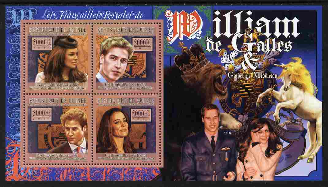 Guinea - Conakry 2010 The Royal Engagement - Prince William & Kate perf sheetlet containing 4 values unmounted mint , stamps on , stamps on  stamps on royalty, stamps on  stamps on william, stamps on  stamps on kate, stamps on  stamps on arms, stamps on  stamps on heraldry, stamps on  stamps on unicorn