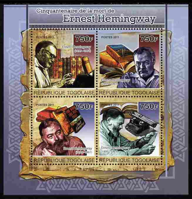 Togo 2011 50th Death Anniversary of Ernest Hemingway (author) perf sheetlet containing 4 values unmounted mint, stamps on personalities, stamps on literature