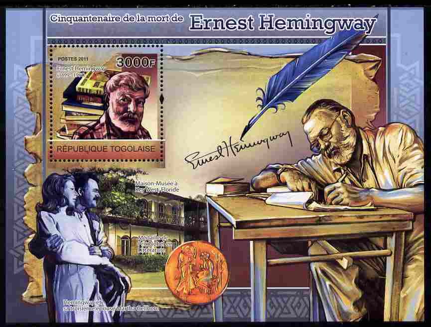 Togo 2011 50th Death Anniversary of Ernest Hemingway (author) perf souvenir sheet unmounted mint, stamps on personalities, stamps on literature