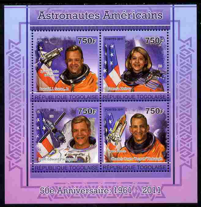 Togo 2011 50th Anniversary of American Astronauts perf sheetlet containing 4 values unmounted mint, stamps on personalities, stamps on space, stamps on shuttle, stamps on rockets, stamps on americana