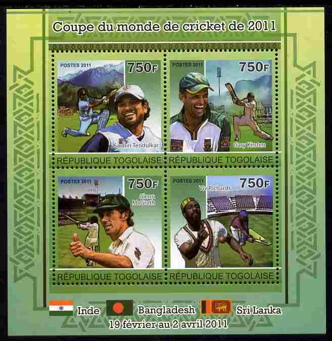 Togo 2011 Cricket World Cup perf sheetlet containing 4 values unmounted mint, stamps on sport, stamps on cricket