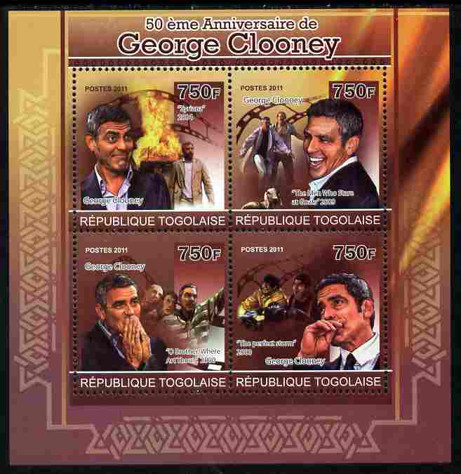 Togo 2011 50th Birth Anniversary of George Clooney perf sheetlet containing 4 values unmounted mint, stamps on personalities, stamps on films, stamps on movies, stamps on cinema, stamps on fire