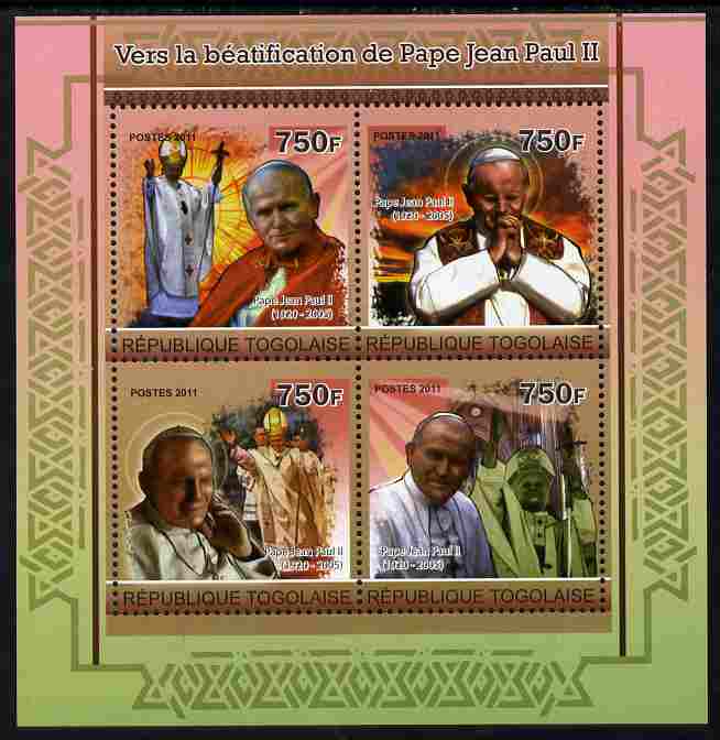 Togo 2011 Beautification of Pope John Paul II perf sheetlet containing 4 values unmounted mint, stamps on personalities, stamps on pope, stamps on popes