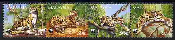 Malaysia 1995 WWF - Clouded Leopard perf strip of 4 unmounted mint SG 563-66, stamps on animals, stamps on  wwf , stamps on cats, stamps on leopards