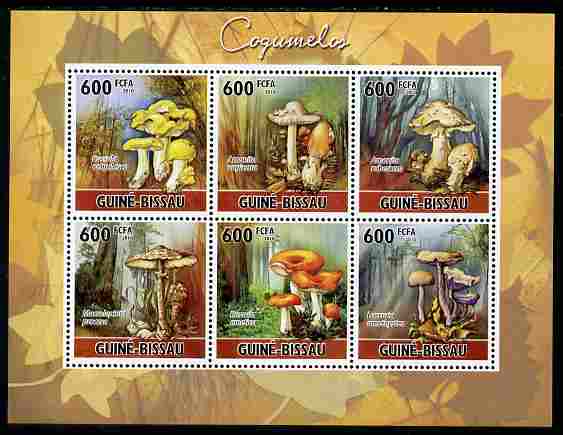 Guinea - Bissau 2010 Mushrooms perf sheetlet containing 6 values unmounted mint, Michel 5159-64, stamps on fungi