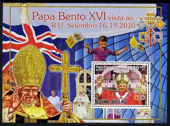 Guinea - Bissau 2010 Pope Benedict in England perf s/sheet unmounted mint, Michel BL 893, stamps on personalities, stamps on pope, stamps on popes, stamps on religion, stamps on flags