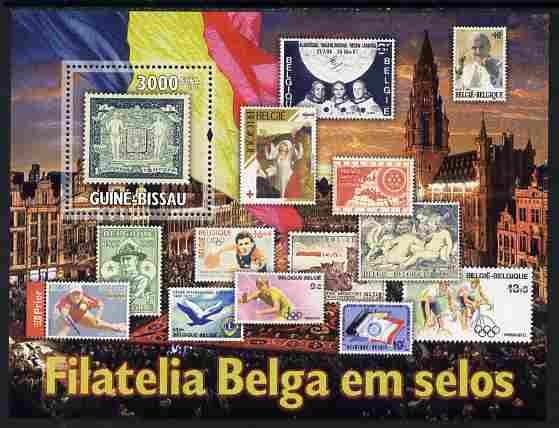 Guinea - Bissau 2010 Belgian Stamp on Stamp perf s/sheet unmounted mint, Michel BL 880, stamps on stamponstamp, stamps on stamp on stamp, stamps on table tennis, stamps on tennis, stamps on bicycles, stamps on arts, stamps on pope, stamps on scouts, stamps on space, stamps on rotary, stamps on lions int, stamps on dogs, stamps on polar