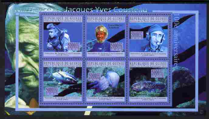 Guinea - Conakry 2010 Birth Anniversary of Jacques Cousteau perf sheetlet containing 6 values unmounted mint, Michel 7690-95, stamps on , stamps on  stamps on personalities, stamps on  stamps on scuba, stamps on  stamps on fish, stamps on  stamps on marine life