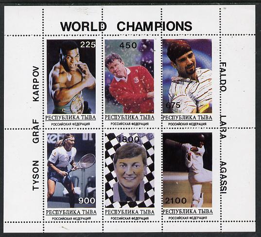 Touva 1995 World Champions perf set of 6 (Tyson, Graf, Karpov, Faldo, Lara & Agassi) unmounted mint. Note this item is privately produced and is offered purely on its thematic appeal, stamps on sport   golf    tennis    cricket    chess    boxing