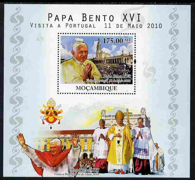 Mozambique 2010 Pope Benedict Visit to Portugal perf s/sheet unmounted mint, stamps on personalities, stamps on pope, stamps on popes