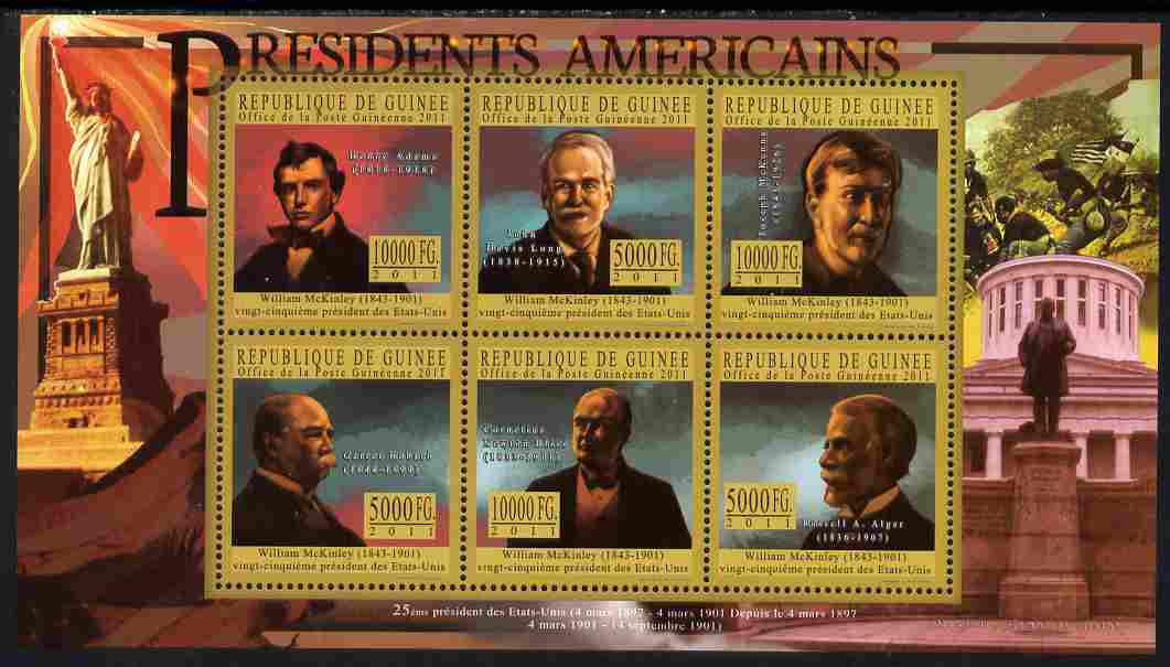Guinea - Conakry 2010-11 Presidents of the USA #25 - William McKinley perf sheetlet containing 6 values unmounted mint , stamps on americana, stamps on usa presidents, stamps on mckinley, stamps on constitutions, stamps on statue of libert