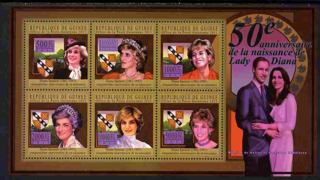 Guinea - Conakry 2011 50th Birth Anniversary of Princess Diana #2 perf sheetlet containing 6 values unmounted mint , stamps on royalty, stamps on diana, stamps on william, stamps on kate, stamps on arms, stamps on heraldry