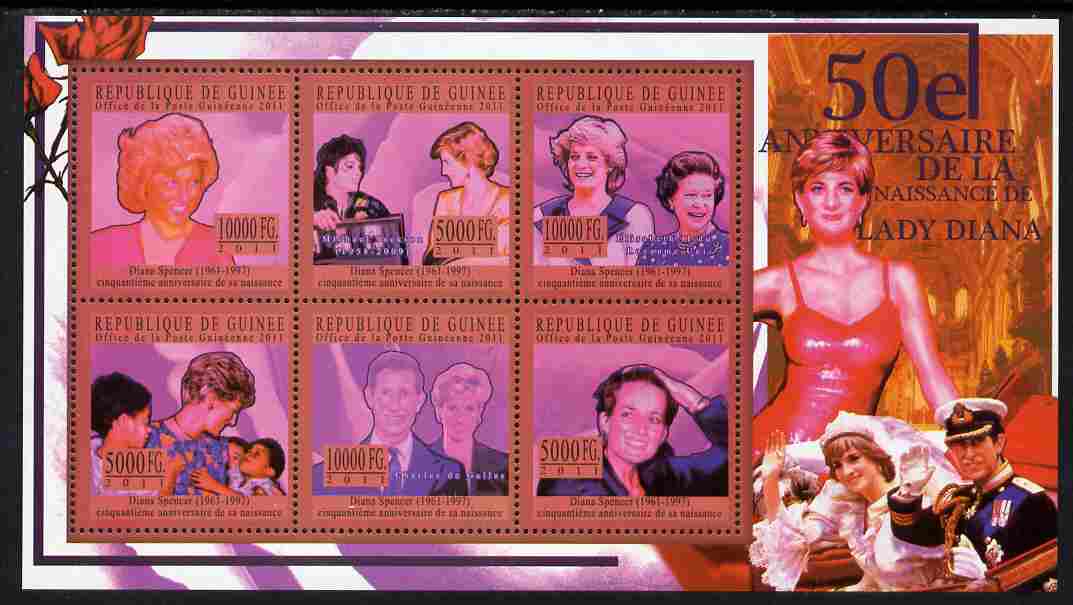 Guinea - Conakry 2011 50th Birth Anniversary of Princess Diana #3 perf sheetlet containing 6 values unmounted mint , stamps on royalty, stamps on diana