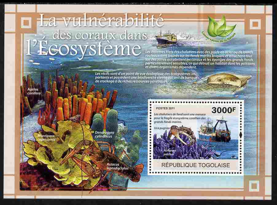 Togo 2011 Environment - Vulnerable Corals - Ships perf s/sheet unmounted mint, stamps on environment, stamps on marine life, stamps on coral, stamps on ships, stamps on 
