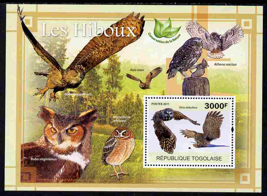 Togo 2011 Owls perf s/sheet unmounted mint, stamps on birds, stamps on birds of prey, stamps on owls