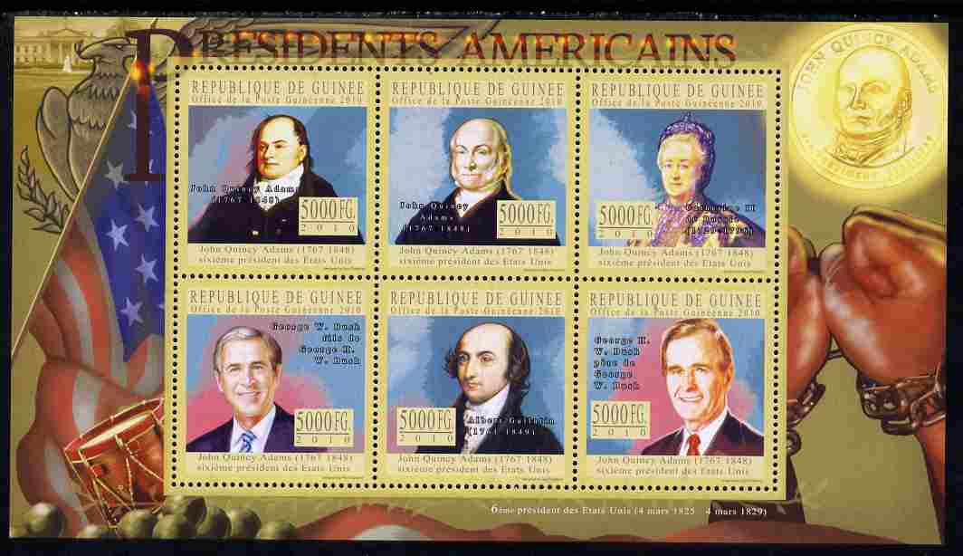 Guinea - Conakry 2010-11 Presidents of the USA #06 - John Quincy Adams perf sheetlet containing 6 values unmounted mint Michel 7895-7900, stamps on americana, stamps on usa presidents, stamps on constitutions, stamps on adams, stamps on bush