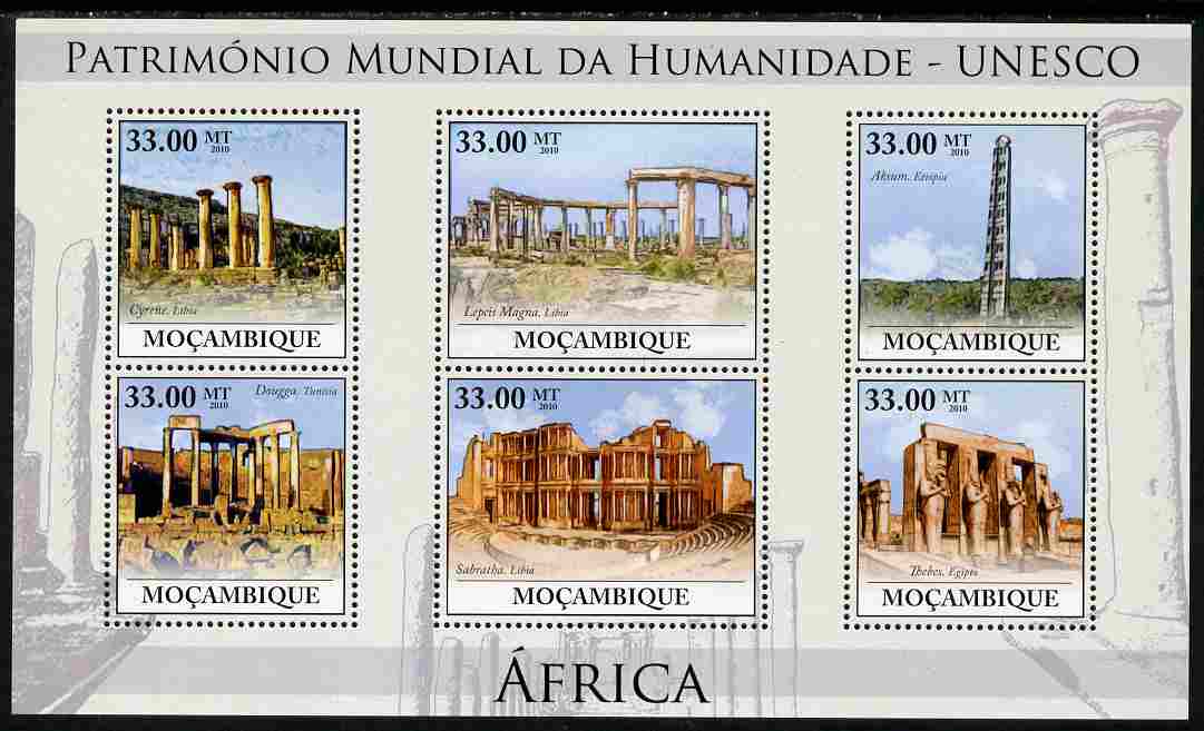 Mozambique 2010 UNESCO World Heritage Sites - Africa #3 perf sheetlet containing 6 values unmounted mint, Yvert 3206-11, stamps on tourism, stamps on unesco, stamps on heritage, stamps on 