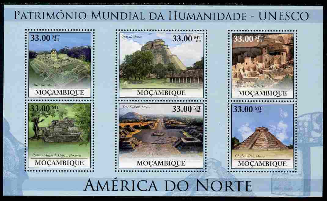 Mozambique 2010 UNESCO World Heritage Sites - North America #1 perf sheetlet containing 6 values unmounted mint, Yvert 3230-35, stamps on tourism, stamps on unesco, stamps on heritage