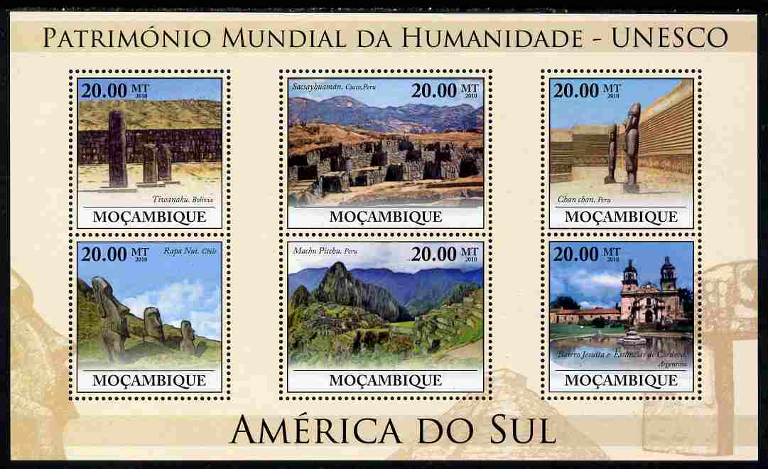 Mozambique 2010 UNESCO World Heritage Sites - South America #2 perf sheetlet containing 6 values unmounted mint, Yvert 3242-47, stamps on tourism, stamps on unesco, stamps on heritage