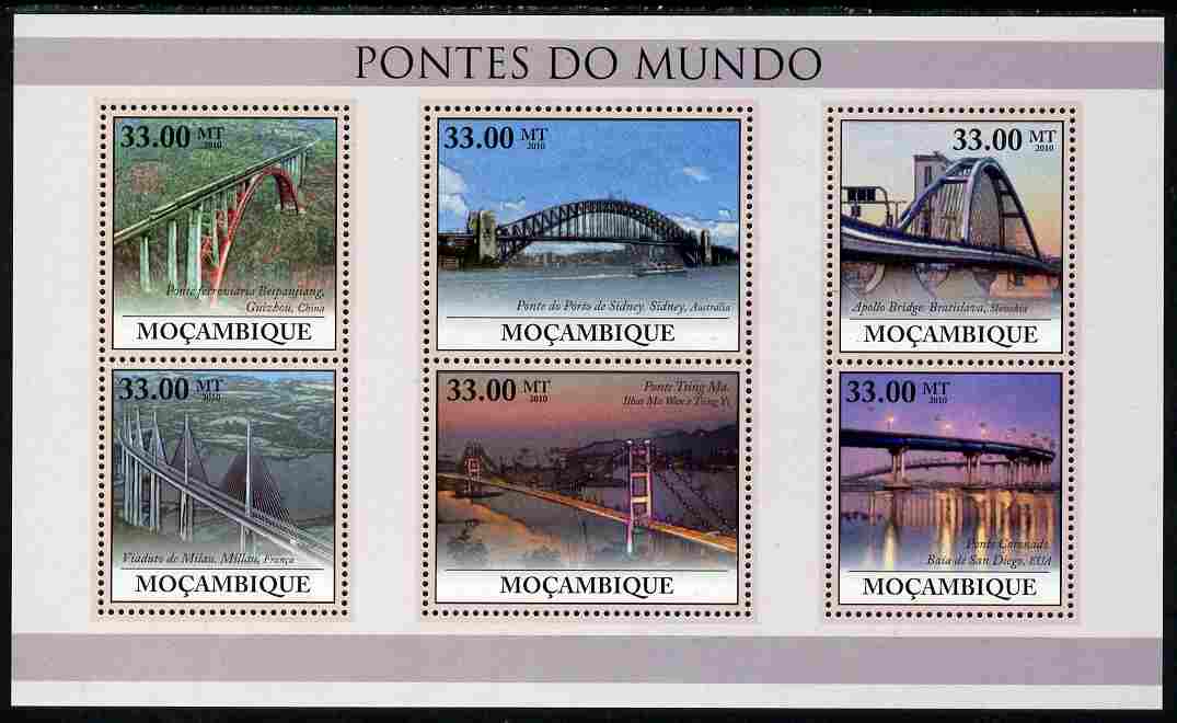 Mozambique 2010 Bridges of the World perf sheetlet containing 6 values unmounted mint, Yvert 3170-75, stamps on tourism, stamps on bridges, stamps on civil engineering