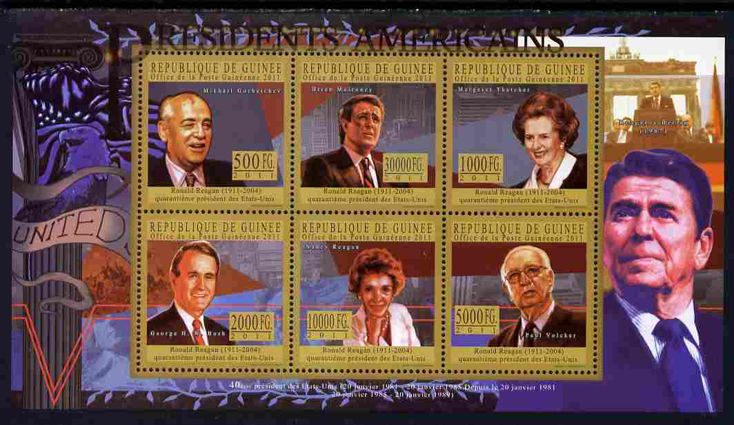 Guinea - Conakry 2010-11 Presidents of the USA #40 - Ronald Reagan perf sheetlet containing 6 values unmounted mint Michel 8218-23, stamps on americana, stamps on personalities, stamps on usa presidents, stamps on constitutions, stamps on reagan, stamps on movies, stamps on films, stamps on cinema