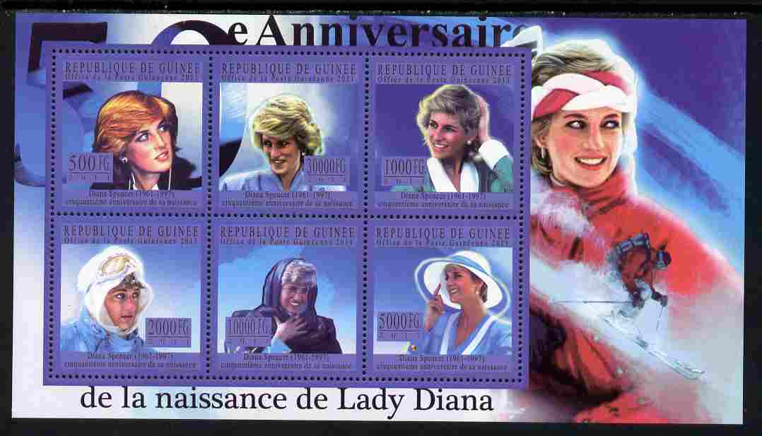 Guinea - Conakry 2011 50th Birth Anniversary of Princess Diana #3 perf sheetlet containing 6 values unmounted mint Michel 8084-89, stamps on personalities, stamps on royalty, stamps on diana, stamps on women, stamps on skiing