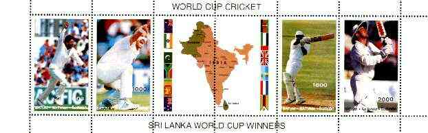 Batum 1996 Cricket World Cup (India) se-tenant horiz strip of 4 plus 2 labels unmounted mint, stamps on sport   cricket    maps    flags