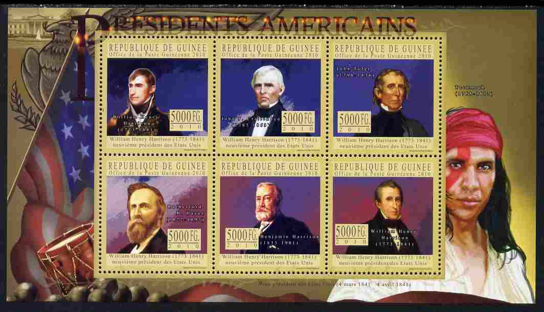 Guinea - Conakry 2010-11 Presidents of the USA #09 - William H Harrison perf sheetlet containing 6 values unmounted mint Michel 7913-18, stamps on americana, stamps on usa presidents, stamps on constitutions, stamps on indians