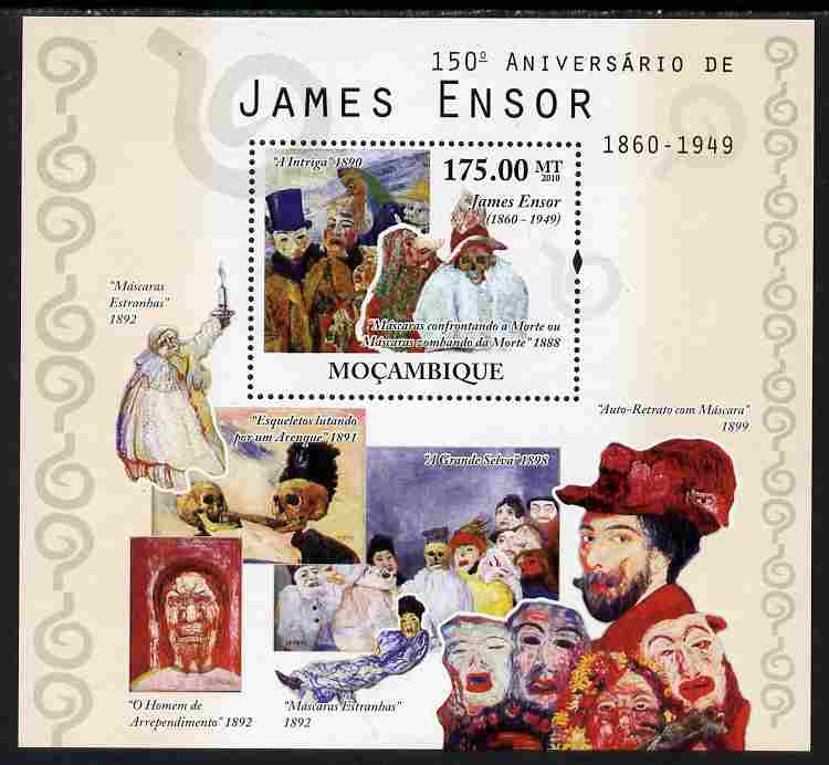 Mozambique 2010  150th Birth Anniversary of James Ensor perf s/sheet unmounted mint, stamps on personalities, stamps on arts, stamps on 