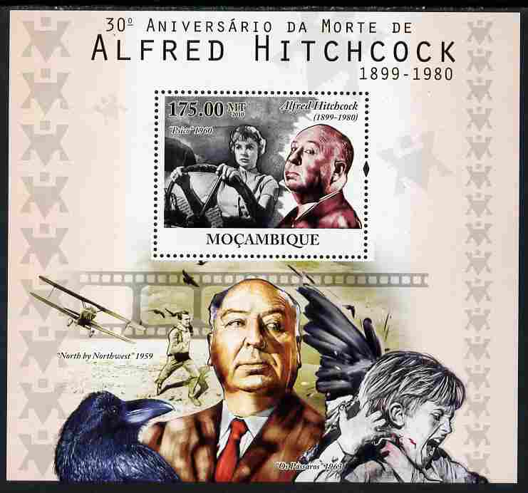 Mozambique 2010  30th Death Anniversary of Alfred Hitchcock perf s/sheet unmounted mint, stamps on personalities, stamps on films, stamps on cinema, stamps on movies, stamps on aviation, stamps on birds