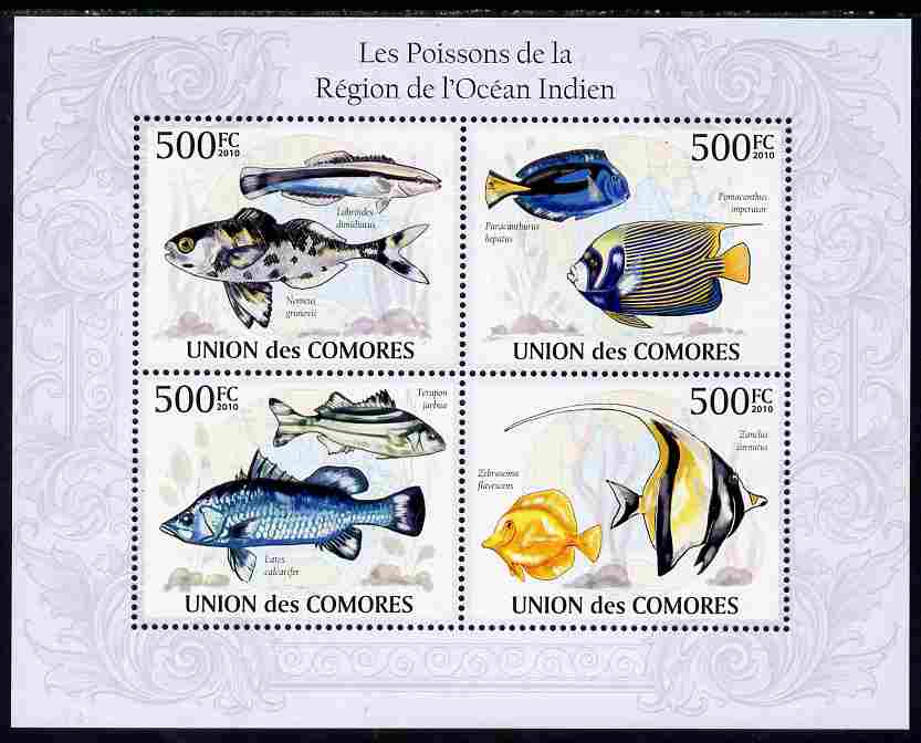 Comoro Islands 2010 Fish from the Indian Ocean Region perf sheetlet containing 4 values unmounted mint, Michel 2682-85, stamps on fish