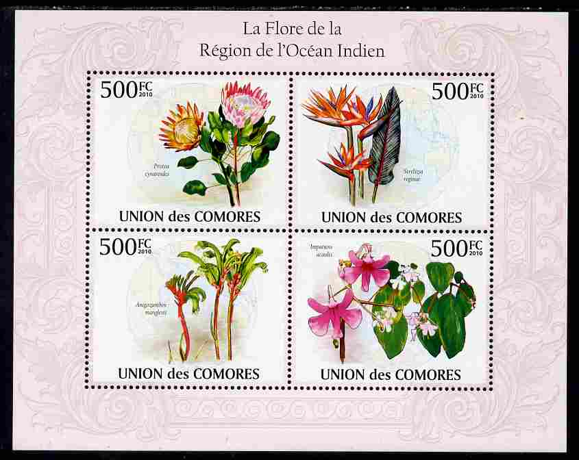 Comoro Islands 2010 Flowers from the Indian Ocean Region perf sheetlet containing 4 values unmounted mint, Michel 2657-60, stamps on flowers
