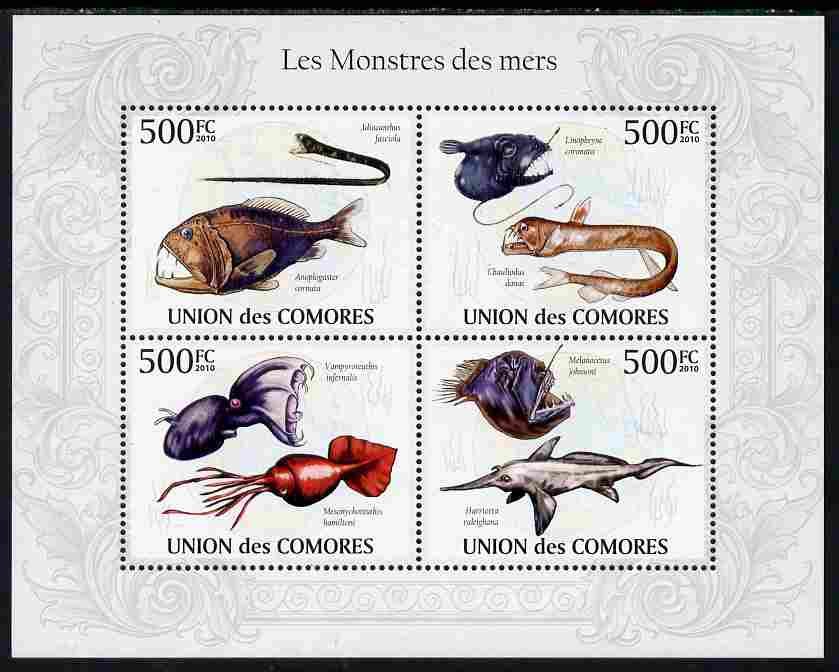 Comoro Islands 2010 Monsters of the Sea perf sheetlet containing 4 values unmounted mint, Michel 2690-93, stamps on , stamps on  stamps on marine life, stamps on  stamps on fish, stamps on  stamps on squid, stamps on  stamps on octopus