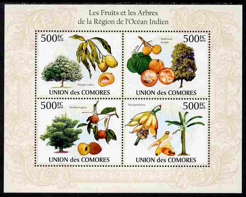 Comoro Islands 2010 Fruits & Trees from the Indian Ocean Region perf sheetlet containing 4 values unmounted mint, Michel 2661-64, stamps on trees, stamps on fruit, stamps on 
