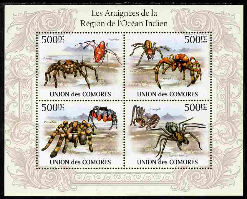 Comoro Islands 2010 Spiders from the Indian Ocean Region perf sheetlet containing 4 values unmounted mint, Michel 2677-80, stamps on spiders, stamps on insects