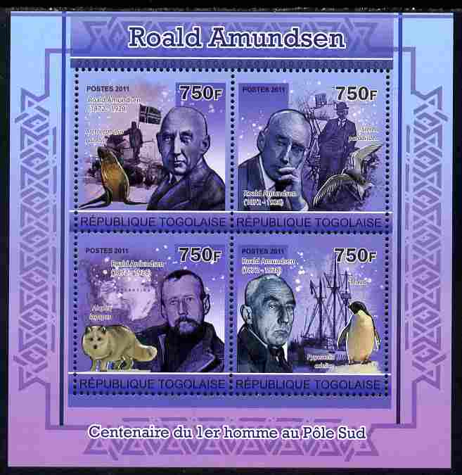 Togo 2011 Roald Amundsen perf sheetlet containing 4 values unmounted mint, stamps on personalities, stamps on polar, stamps on ships, stamps on maps, stamps on penguins, stamps on wolves