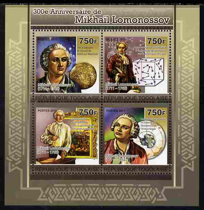 Togo 2011 300th Birth Anniversary of  Mikhail Lomonosov perf sheetlet containing 4 values unmounted mint, stamps on personalities, stamps on literature, stamps on science, stamps on space, stamps on 